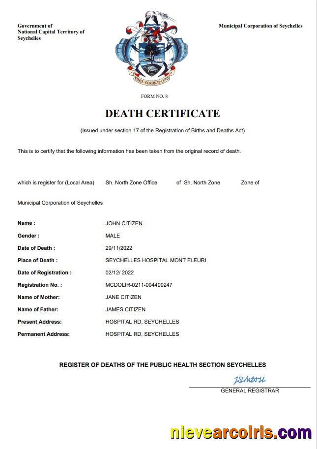Seychelles vital record death certificate